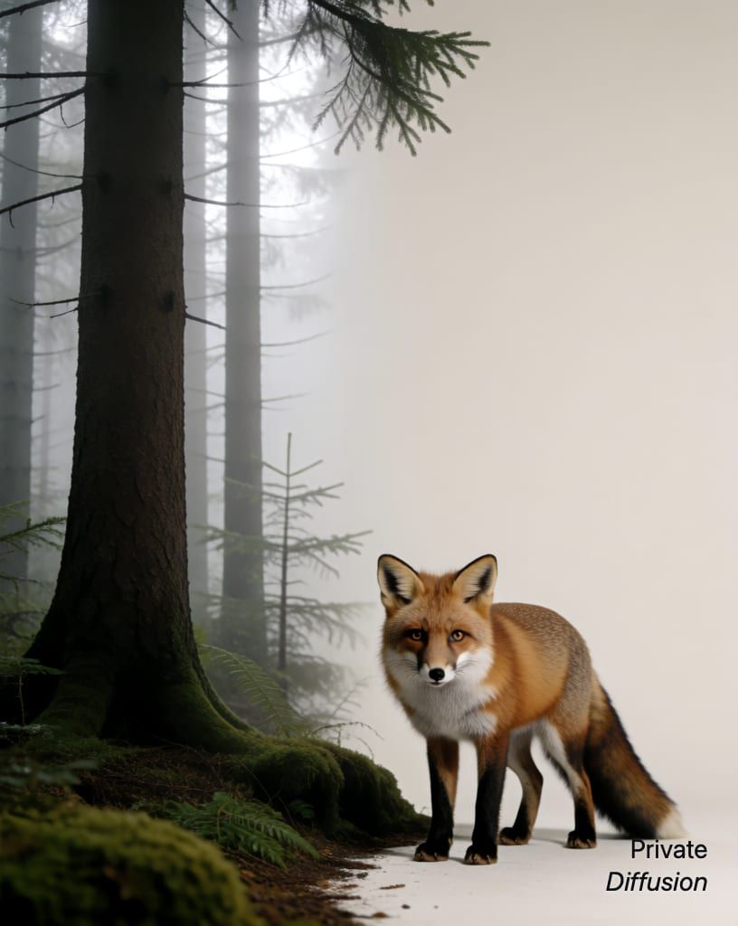 a fox in a misty forest, with plain studio backdrop added