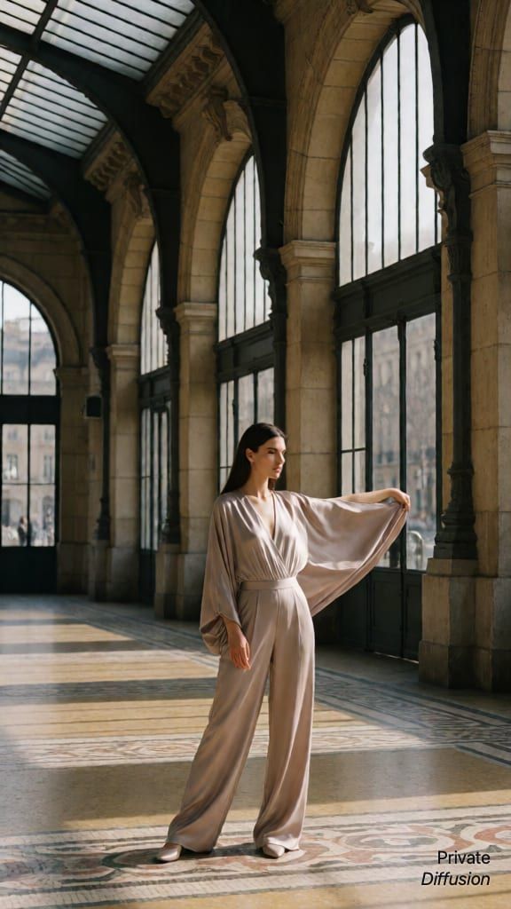 A model in a silk jumpsuit poses under tall stone station arches.