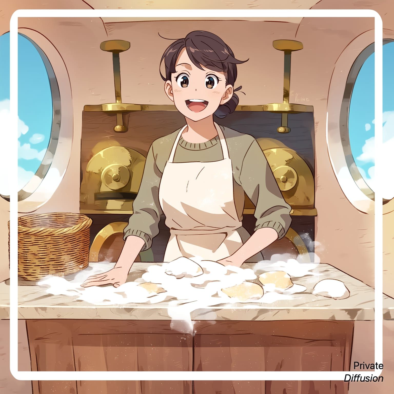 An anime sky baker shapes cloud pastries inside a floating bakery with round windows.