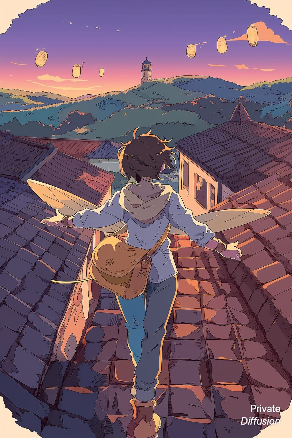 An anime sky courier glides above lantern-lit rooftops at dusk.