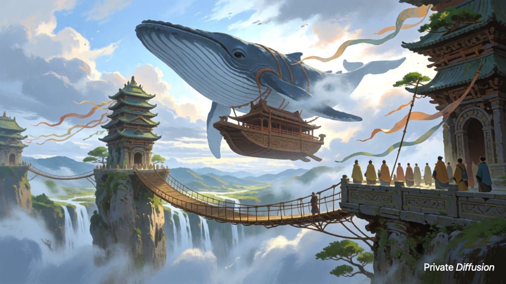 A sky whale ferry glides between cliff temples above clouds and waterfalls.