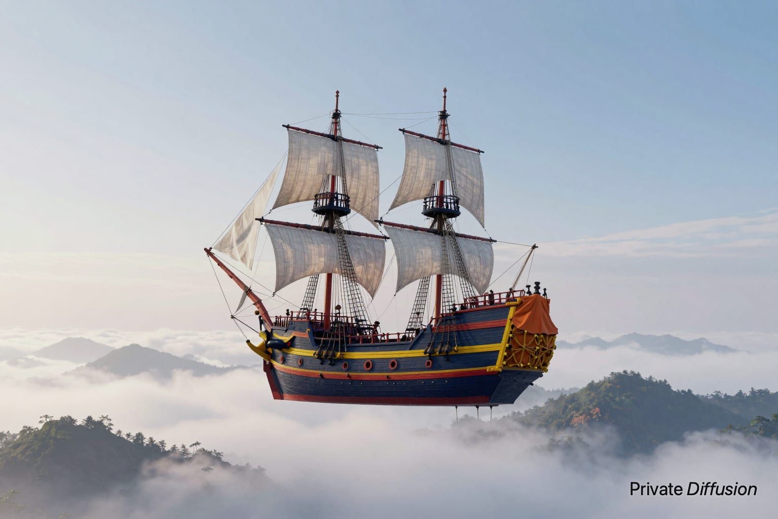 A two-masted pirate ship floats above misty hills under soft daylight.