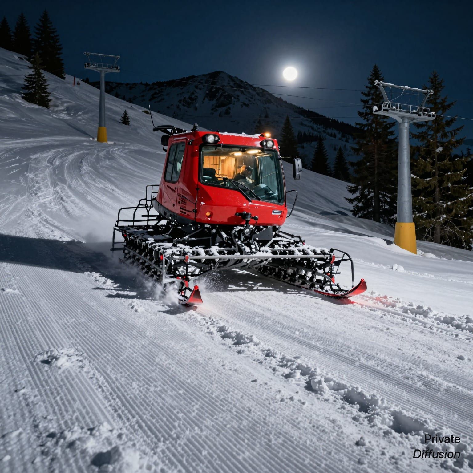A red snow groomer climbs a moonlit ski slope, leaving corduroy snow lines.