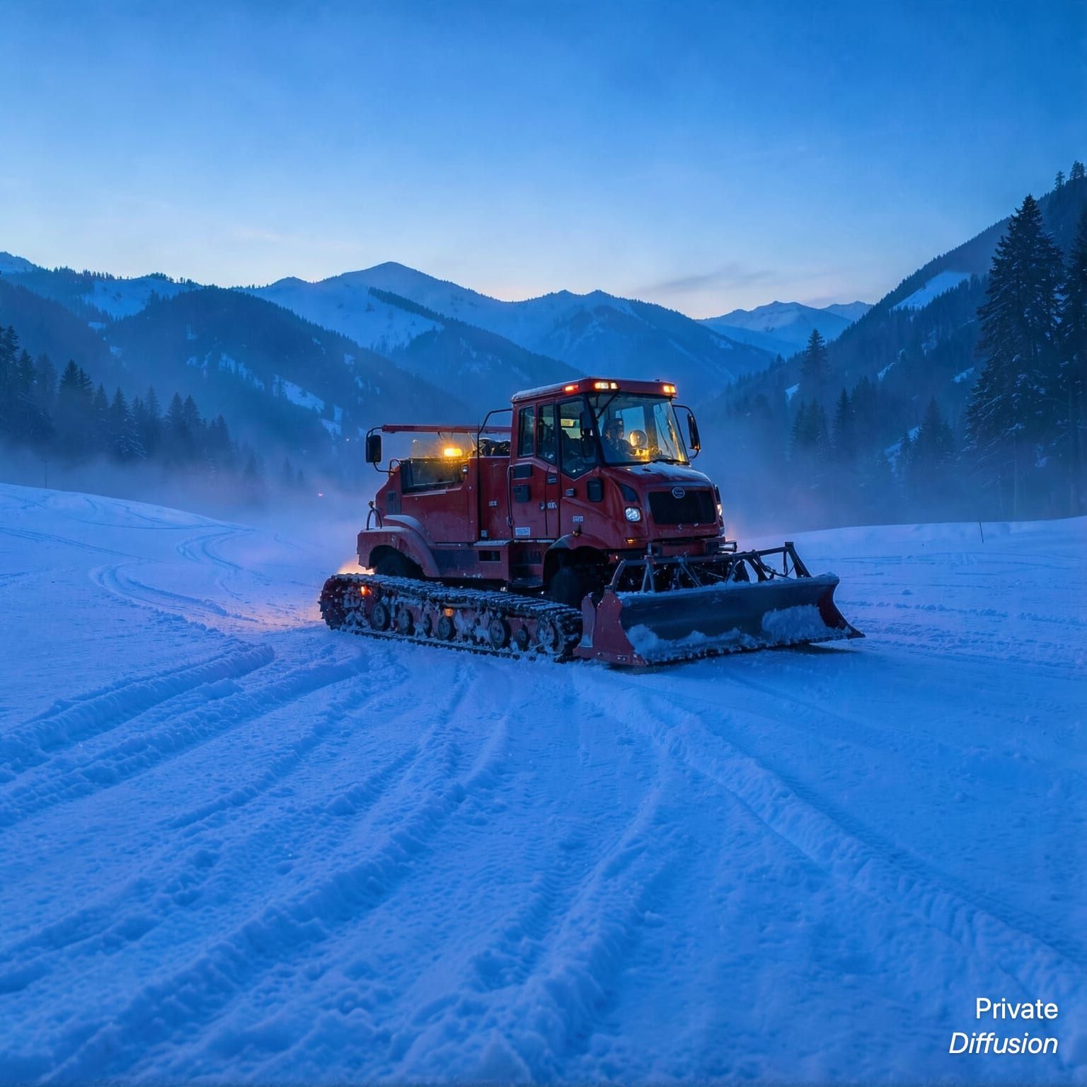 A snow groomer moves across a patterned slope before sunrise.