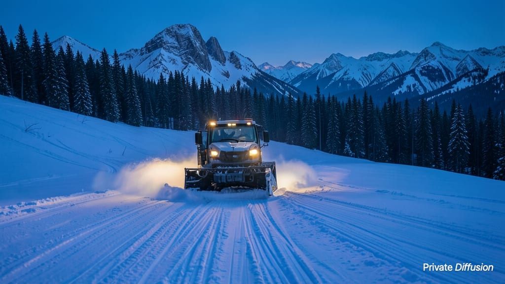 A snow groomer climbs an alpine ridge at blue hour with fresh tracks behind it.