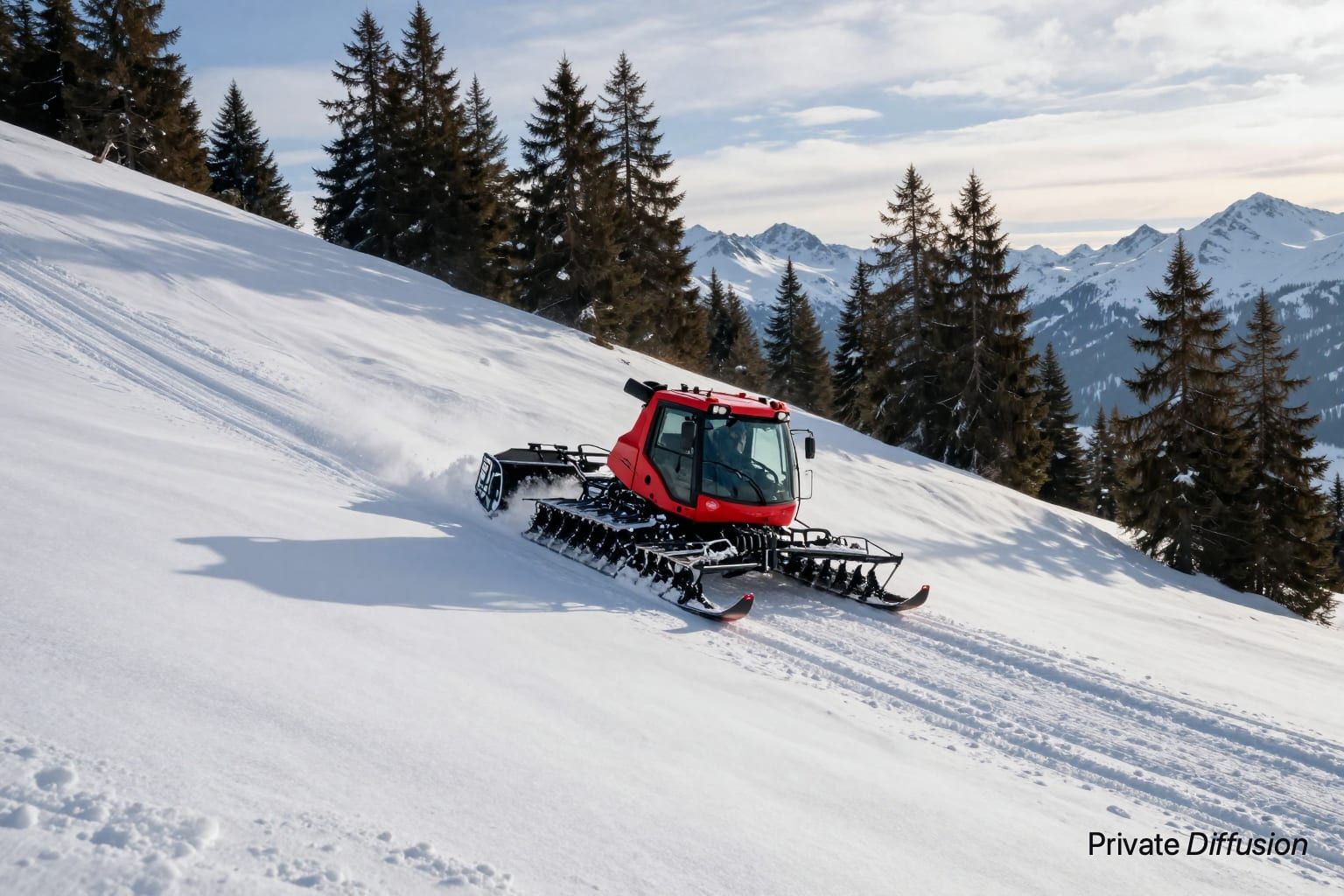 A red snow groomer cuts parallel tracks along a snowy mountain ridge.