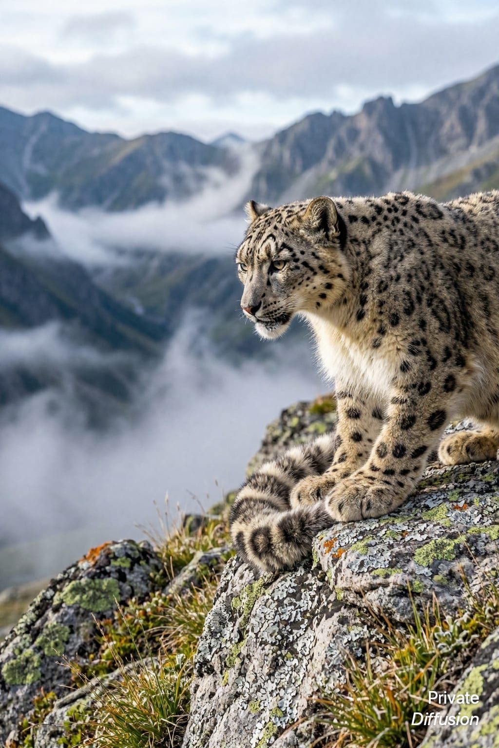 A snow leopard crouches on a granite ledge above a misty mountain valley.