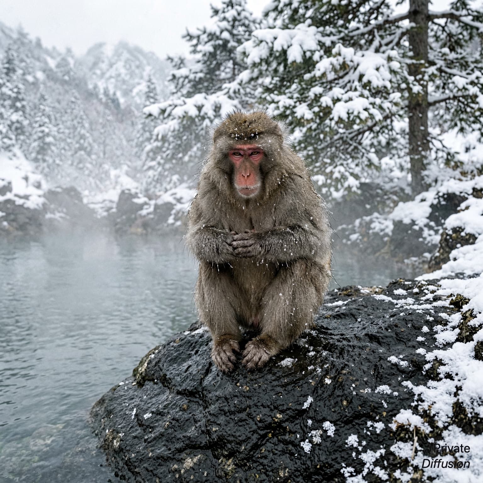 A snow macaque sits beside a steaming hot spring in a snowy mountain setting.