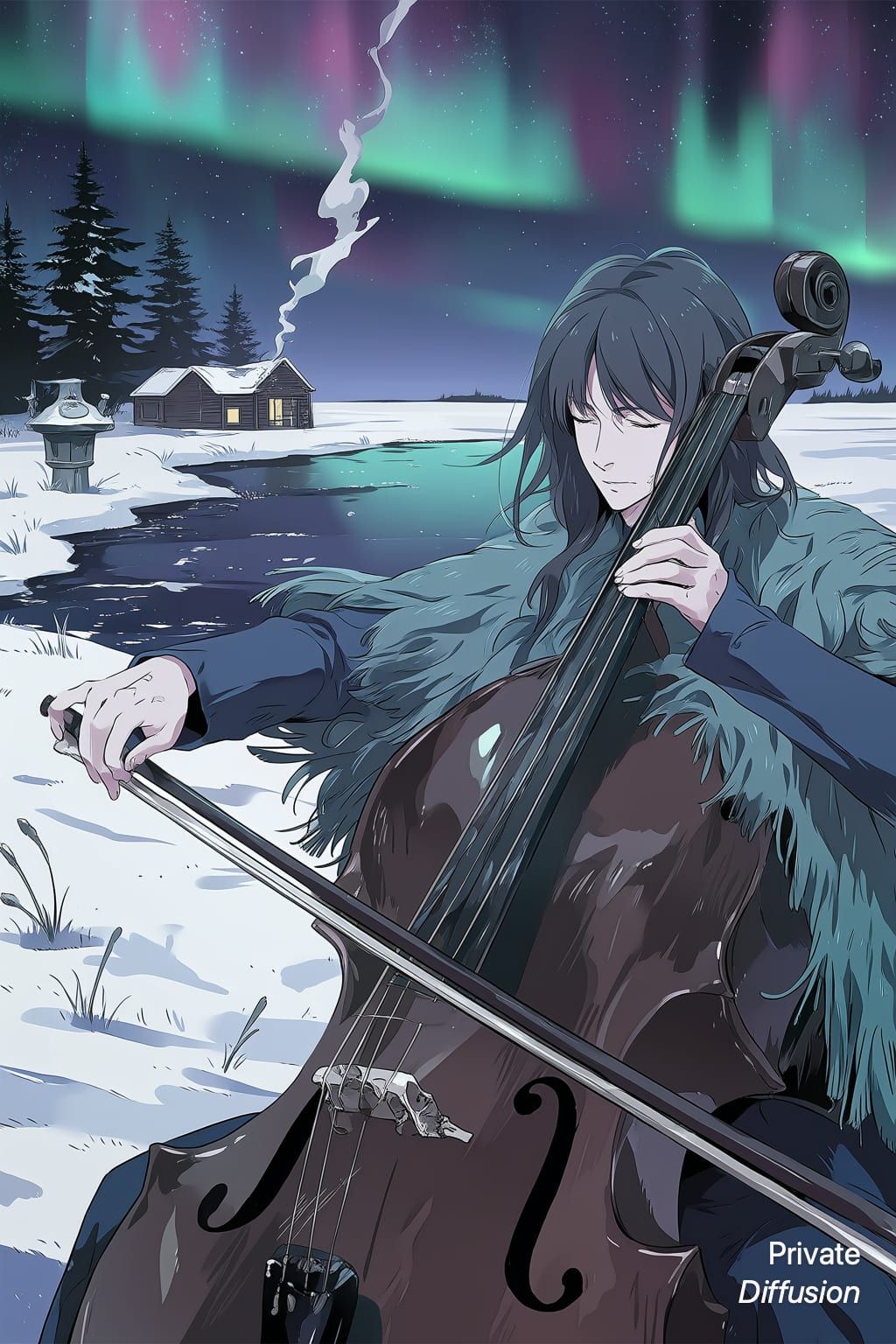 An anime cellist plays beside a frozen lake under an aurora.