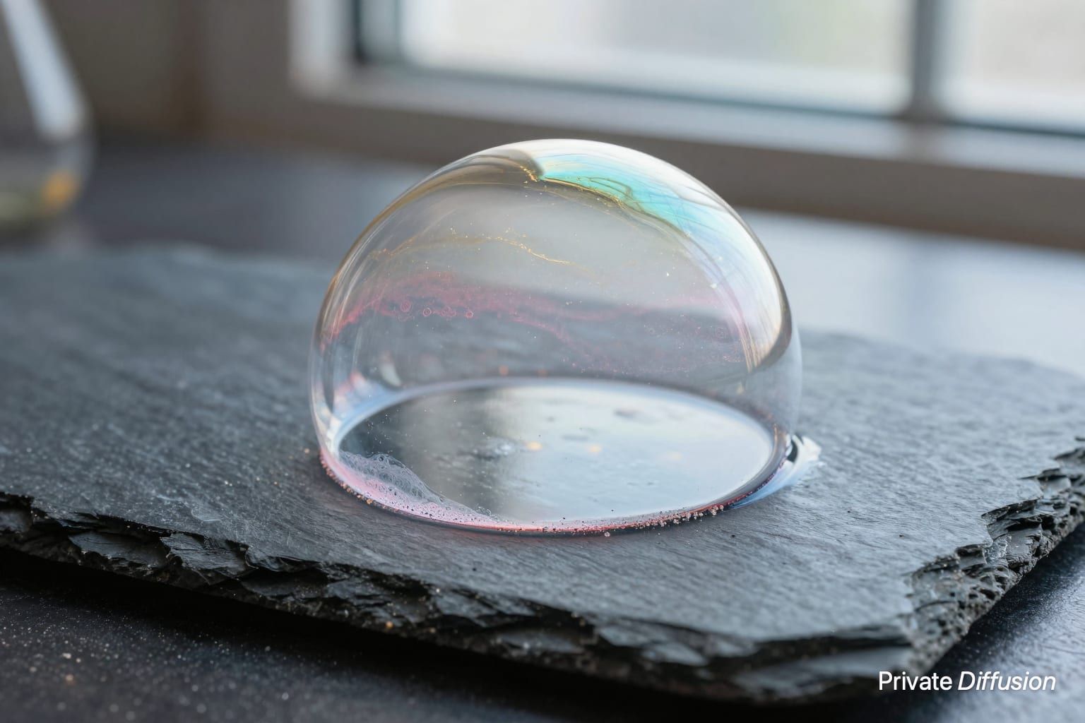 A single iridescent soap bubble rests on rough slate beside tiny dust grains.
