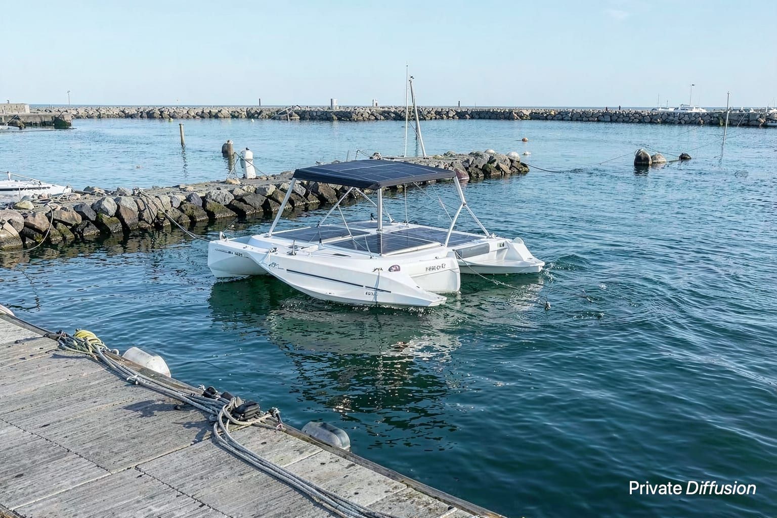 A solar catamaran moves out of a calm marina under clear morning light.