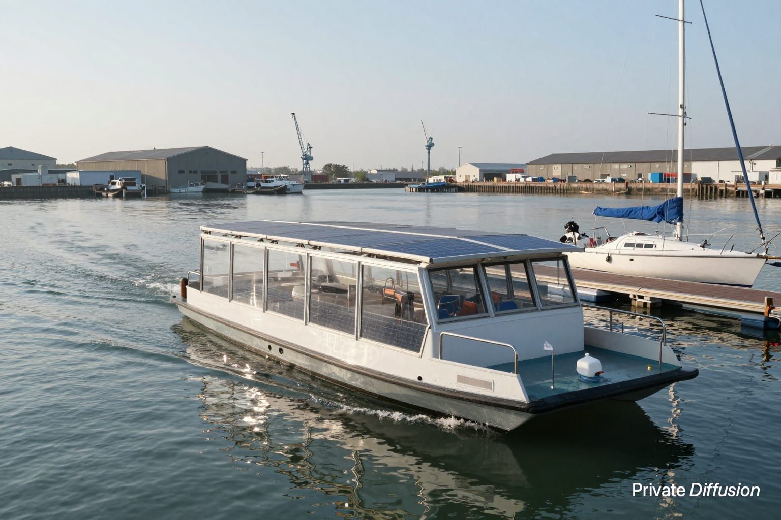 A solar ferry moves through a quiet harbor under morning light.