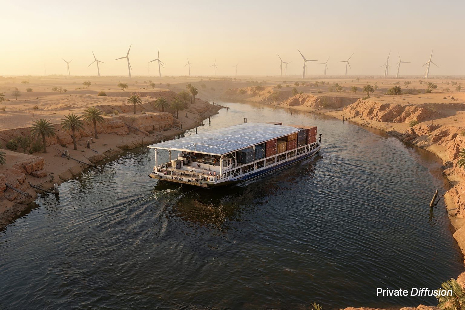 A solar-powered ferry carries cargo across a narrow desert canal in late afternoon light.
