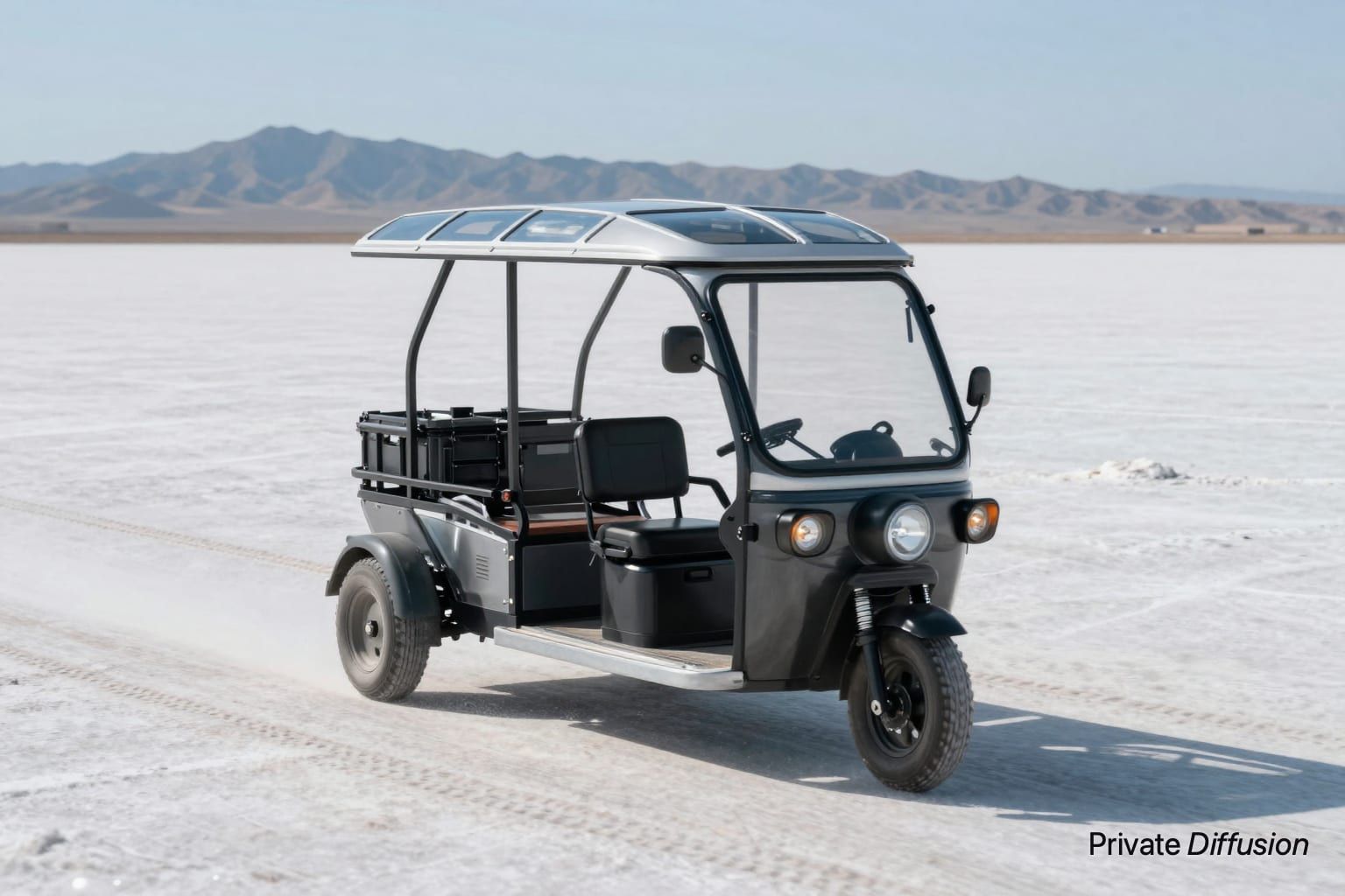 A solar three-wheeled utility vehicle drives across bright salt flats toward distant hills.