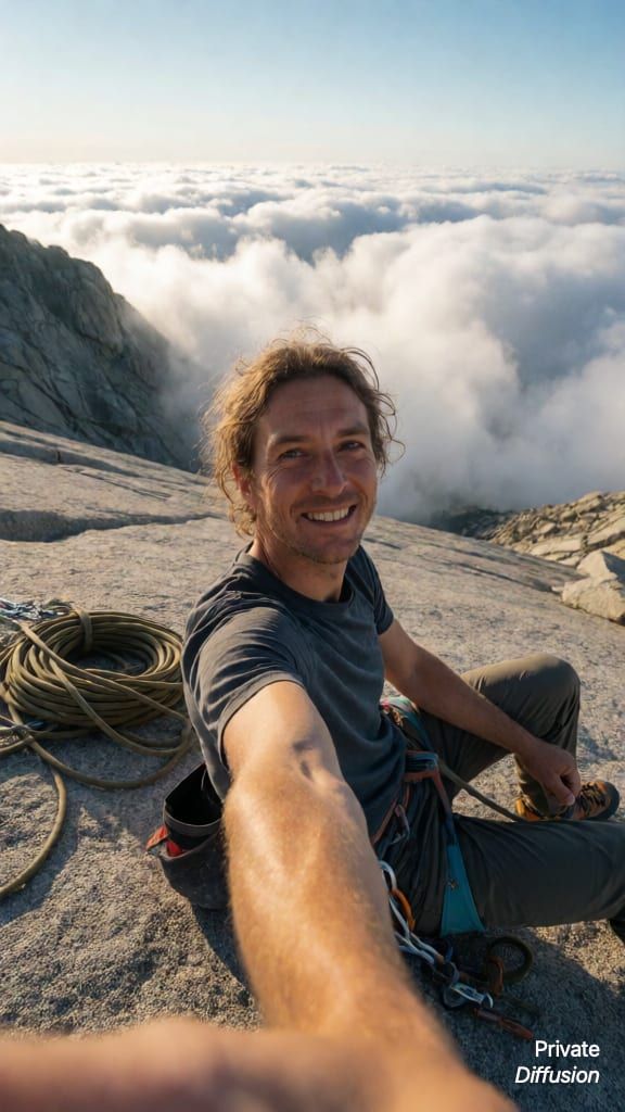 An adult climber takes a phone selfie on a granite ledge above clouds.