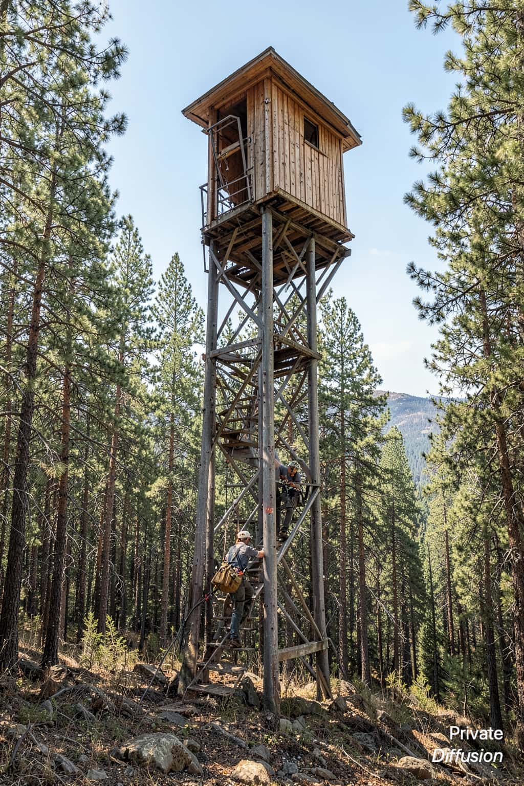 A steel spiral fire tower rises above pine trees with a worker on the stairs.