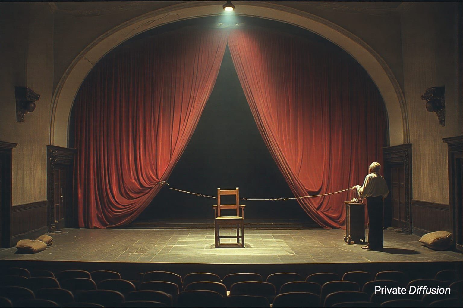 An empty chair sits in a spotlight as theater curtains curl around a watching stagehand.