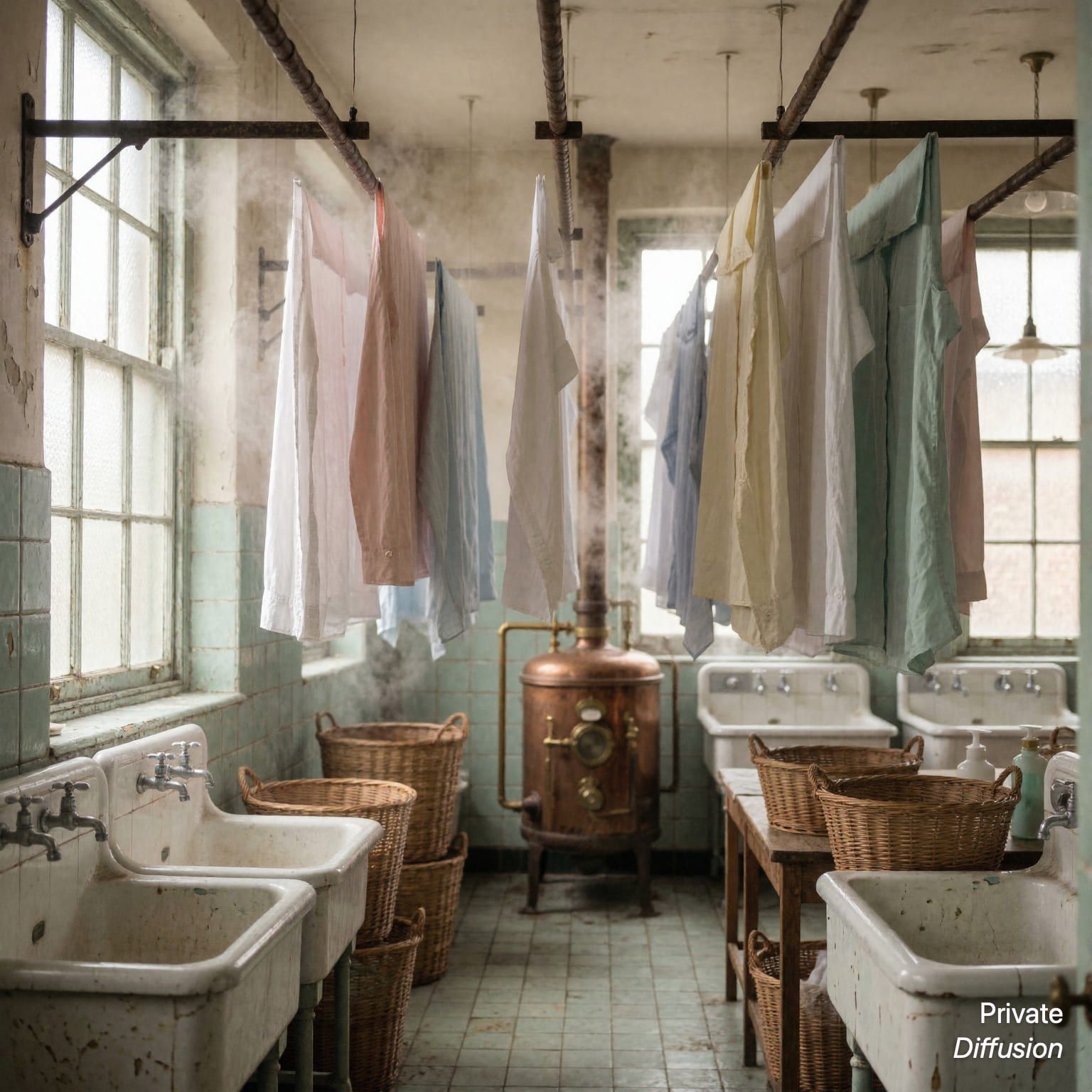 Rows of linen dry in a steamy vintage laundry room with baskets, sinks, and a copper boiler.