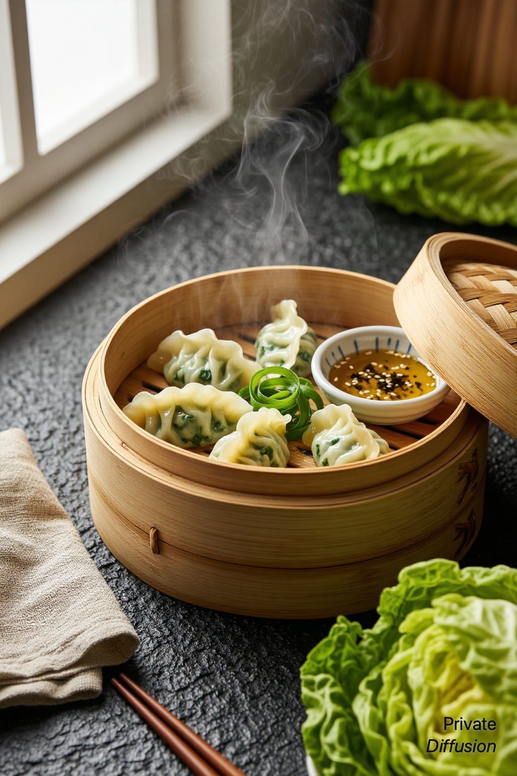 A bamboo basket of steaming vegetable dumplings sits beside sauce, chopsticks, and scallions.