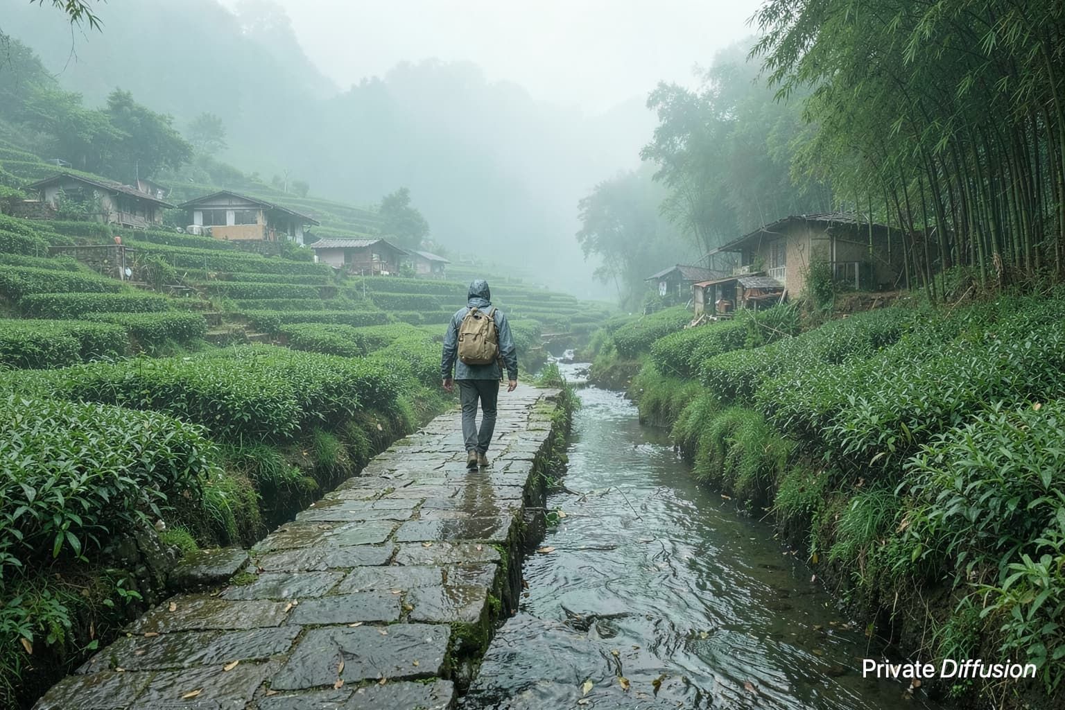 A traveler crosses a stone bridge beside misty terraced tea fields.