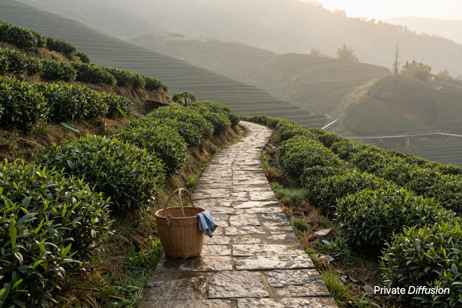 A stone path winds through misty terraced tea fields at sunrise.