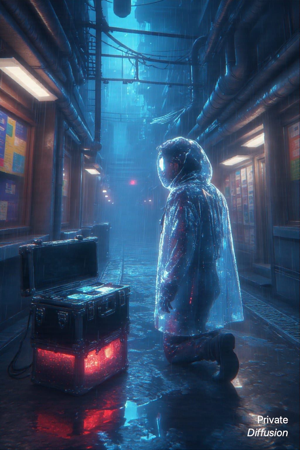 A street medic kneels in a rainy cyberpunk alley beside a glowing diagnostic case.