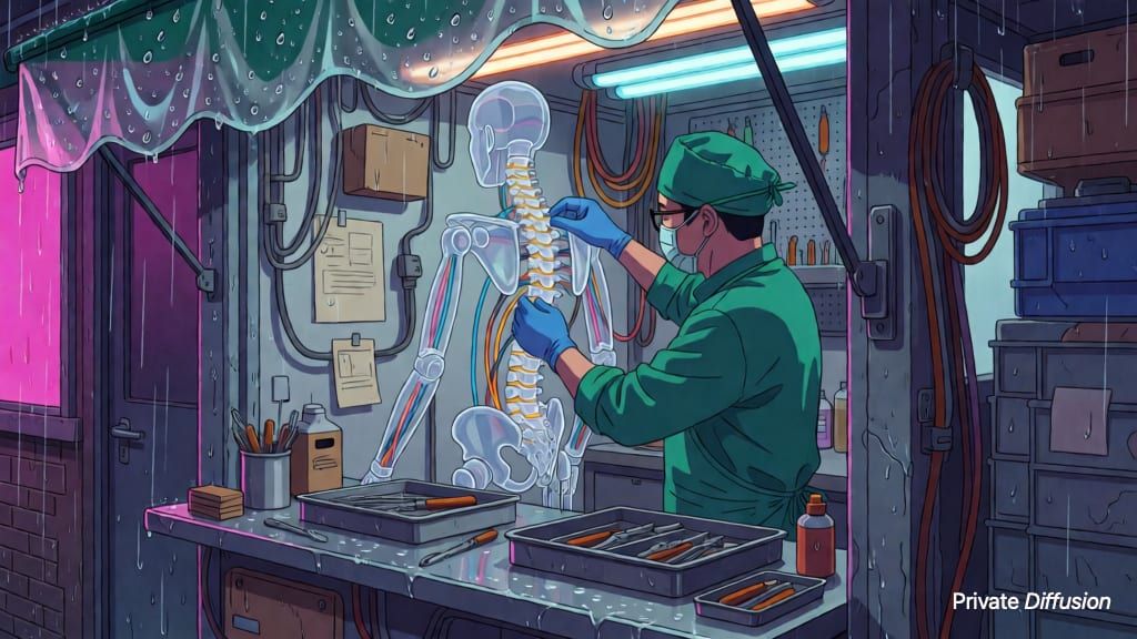 A street surgeon adjusts a glowing prosthetic spine inside a rainy repair stall.