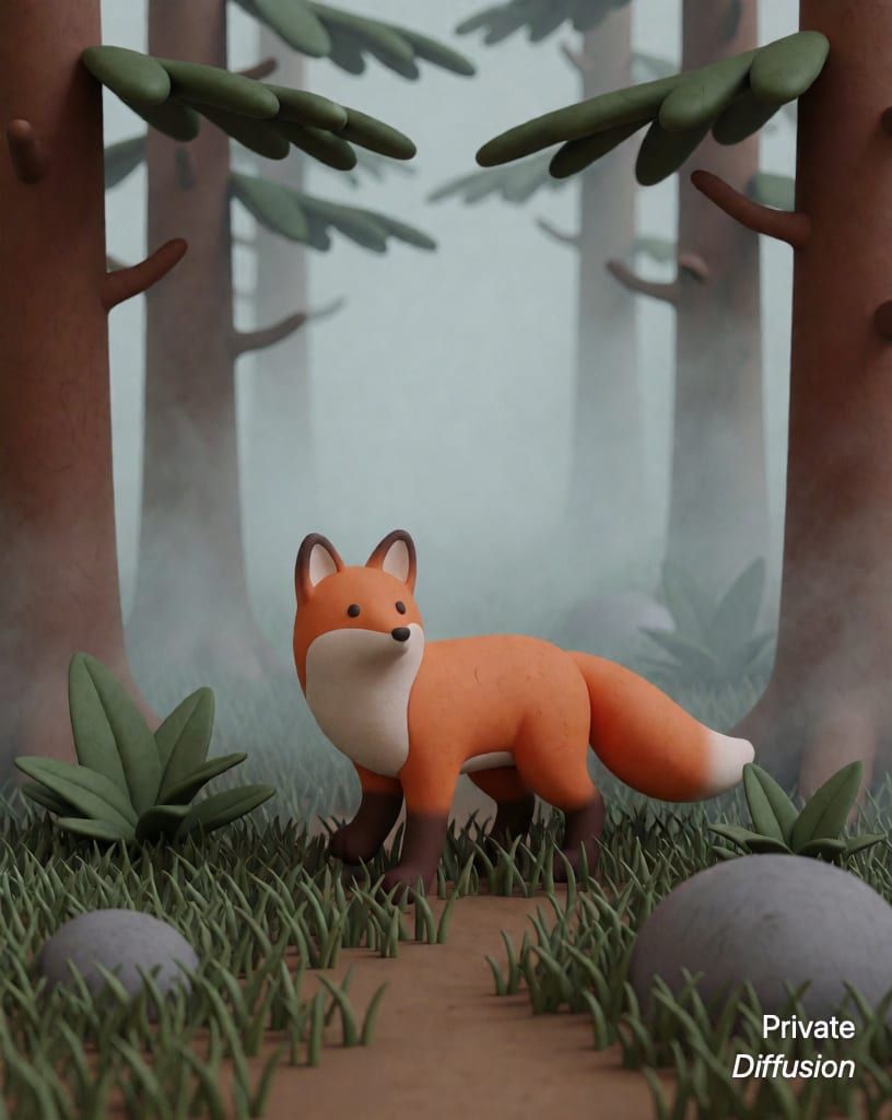 a fox in a misty forest, with 3D render added