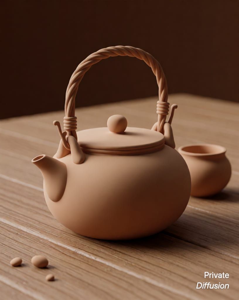 a ceramic teapot on a wooden table, with 3D render added
