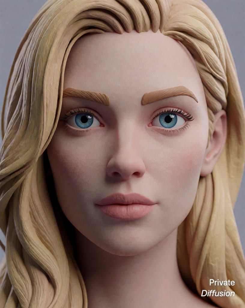 photorealistic portrait of a blonde woman with blue eyes, with 3D render added