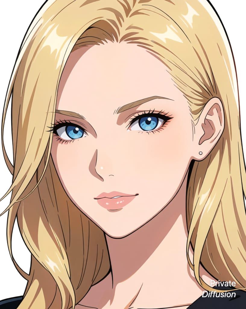 photorealistic portrait of a blonde woman with blue eyes, with anime added