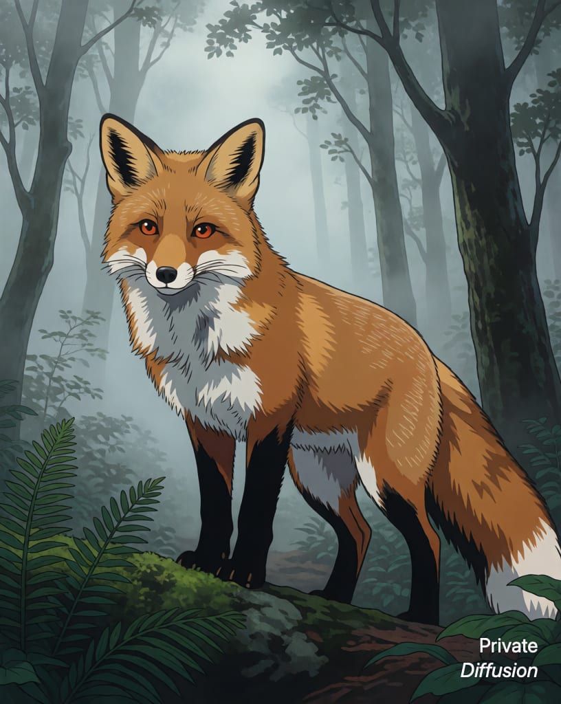 a fox in a misty forest, with anime added