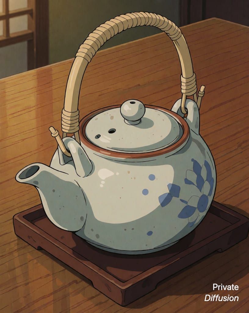 a ceramic teapot on a wooden table, with anime added