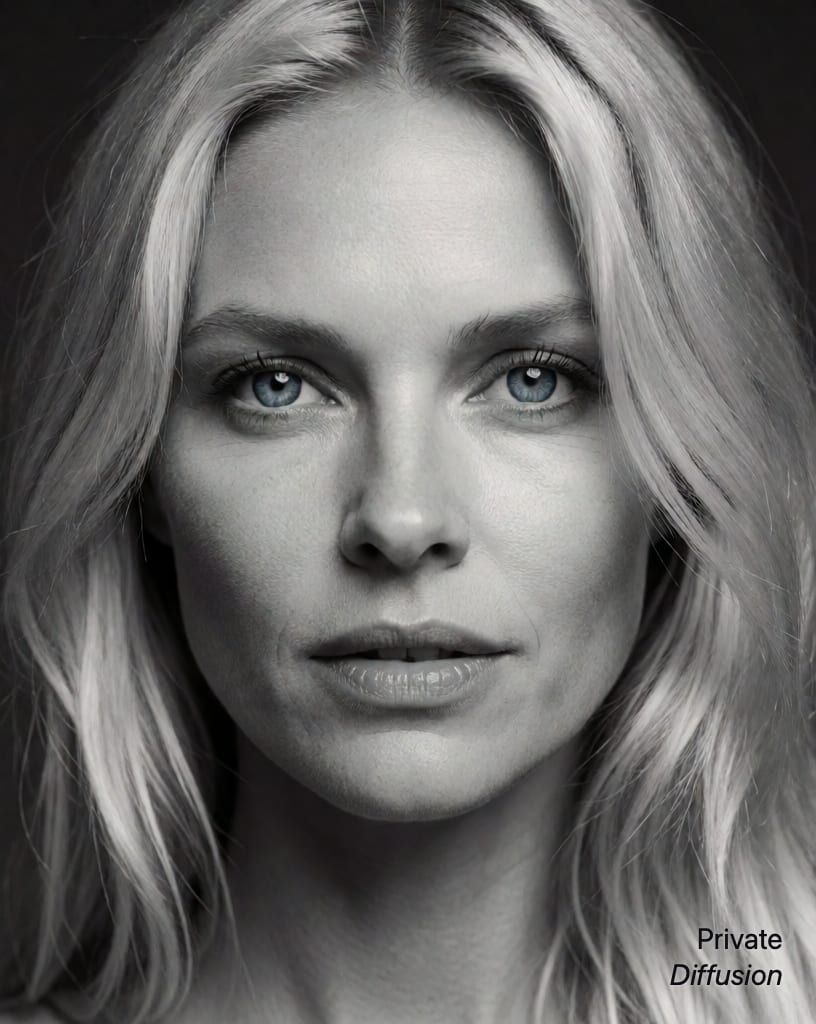 photorealistic portrait of a blonde woman with blue eyes, with black and white added