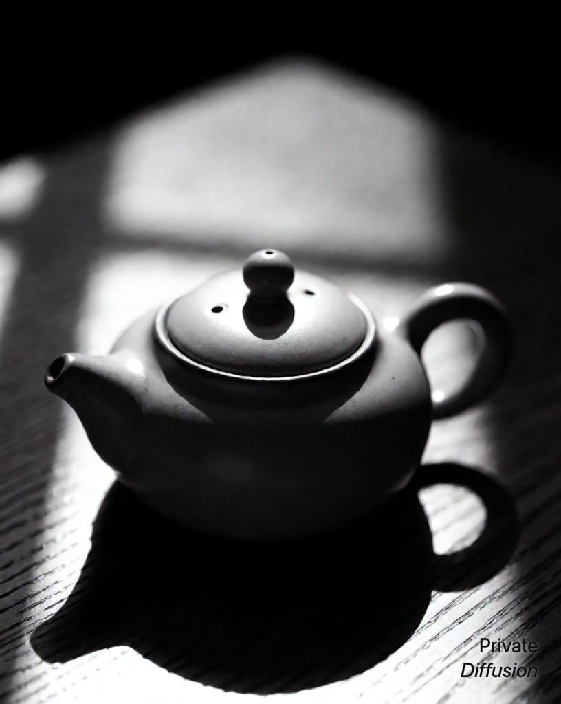 a ceramic teapot on a wooden table, with black and white added