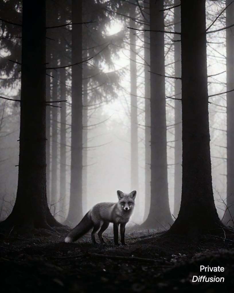 a fox in a misty forest, with black and white added