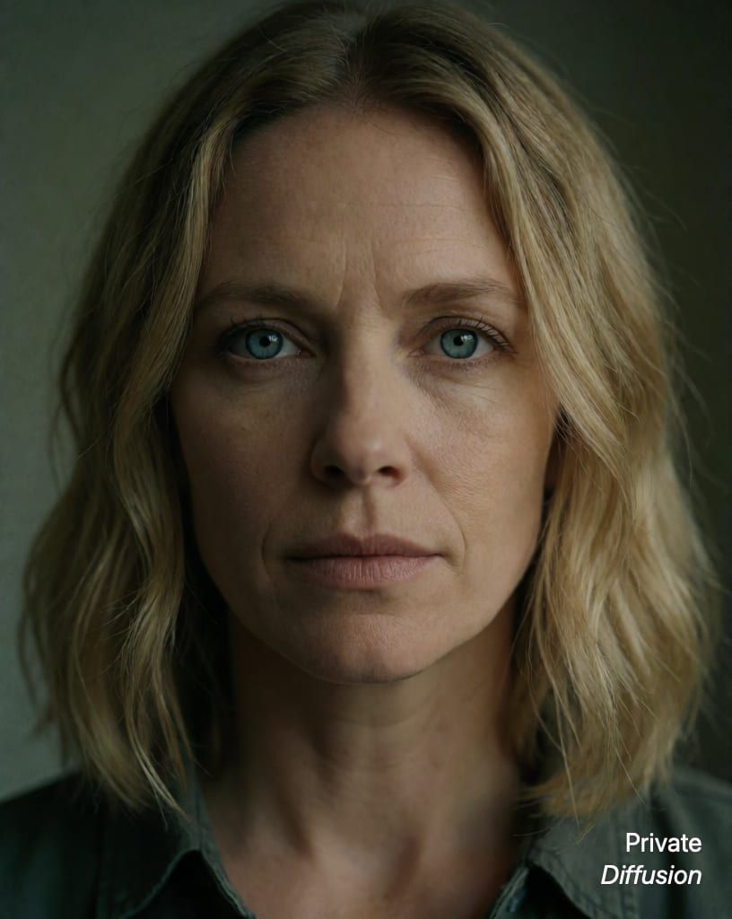 photorealistic portrait of a blonde woman with blue eyes, with cinematic still added