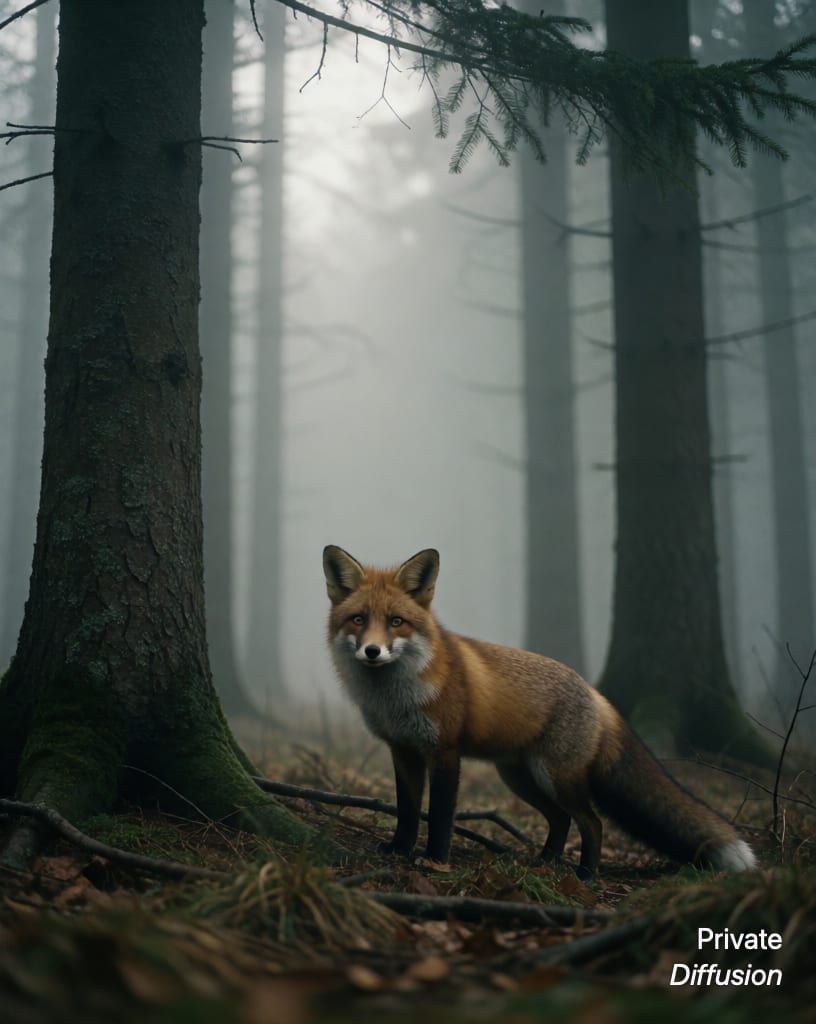 a fox in a misty forest, with cinematic still added