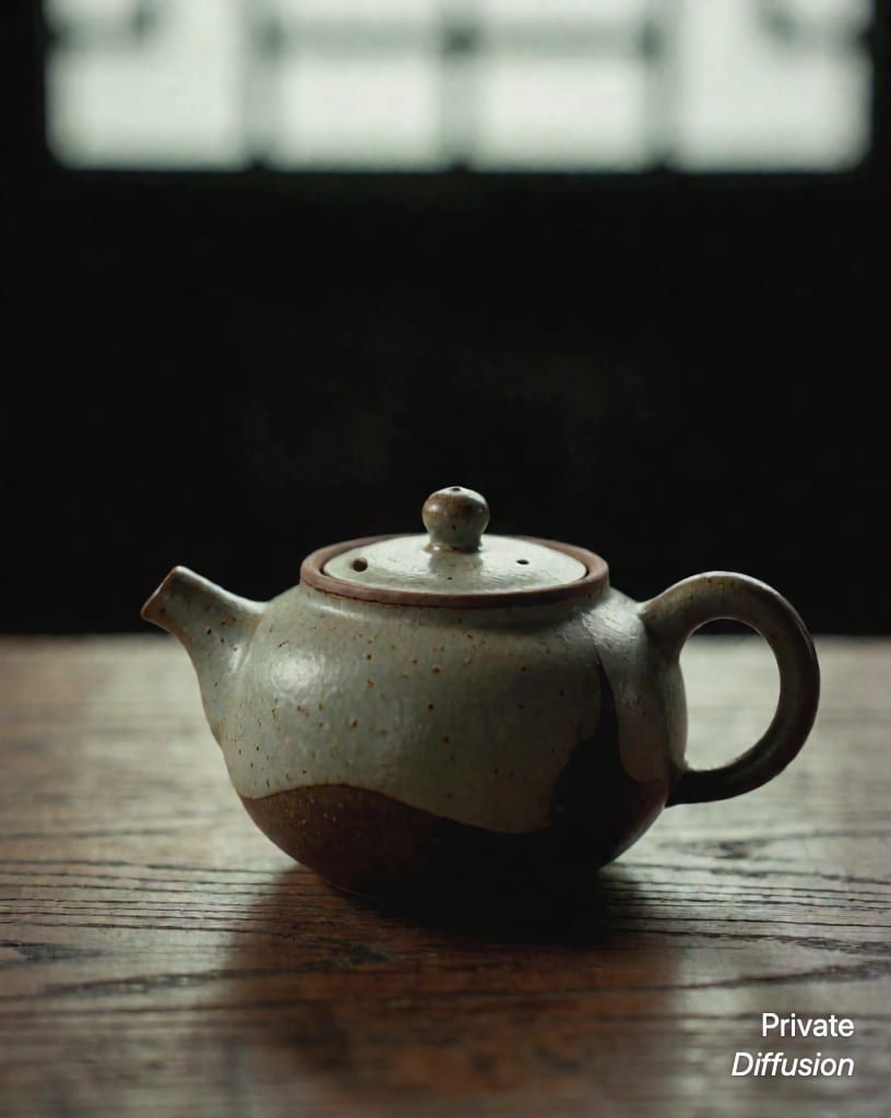 a ceramic teapot on a wooden table, with cinematic still added