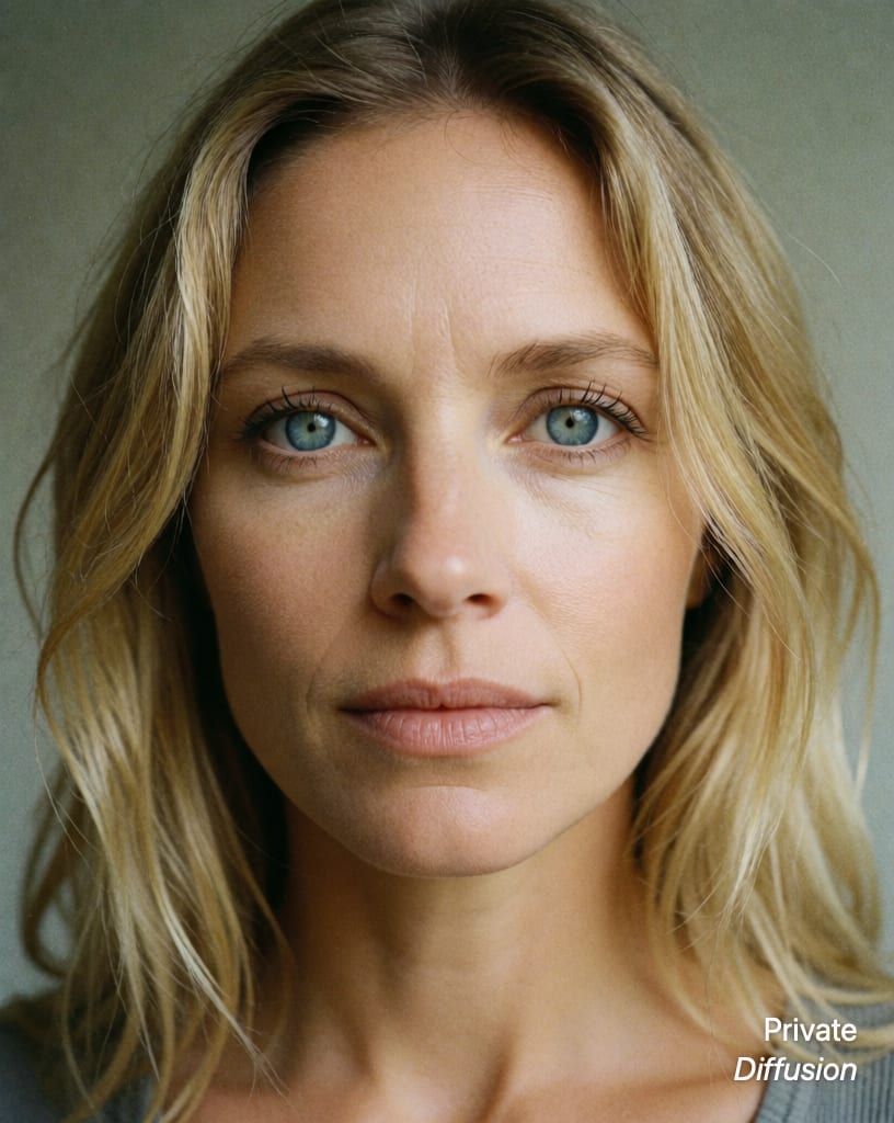 photorealistic portrait of a blonde woman with blue eyes, with 35mm film added