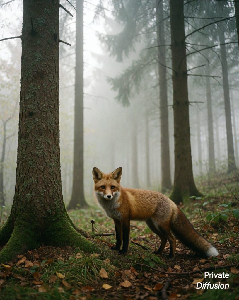 a fox in a misty forest, with 35mm film added