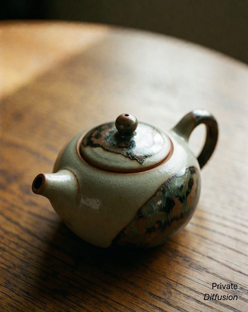 a ceramic teapot on a wooden table, with 35mm film added