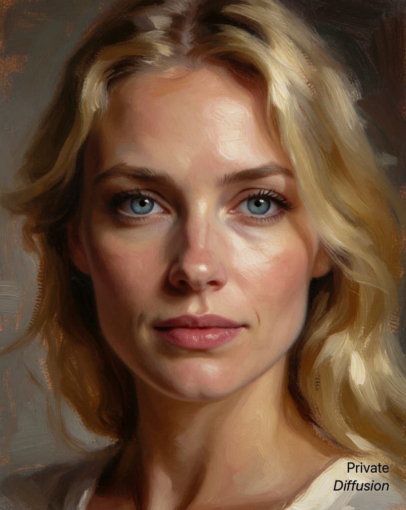 photorealistic portrait of a blonde woman with blue eyes, with oil painting added