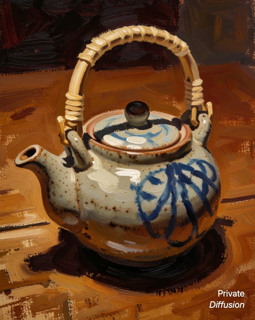 a ceramic teapot on a wooden table, with oil painting added