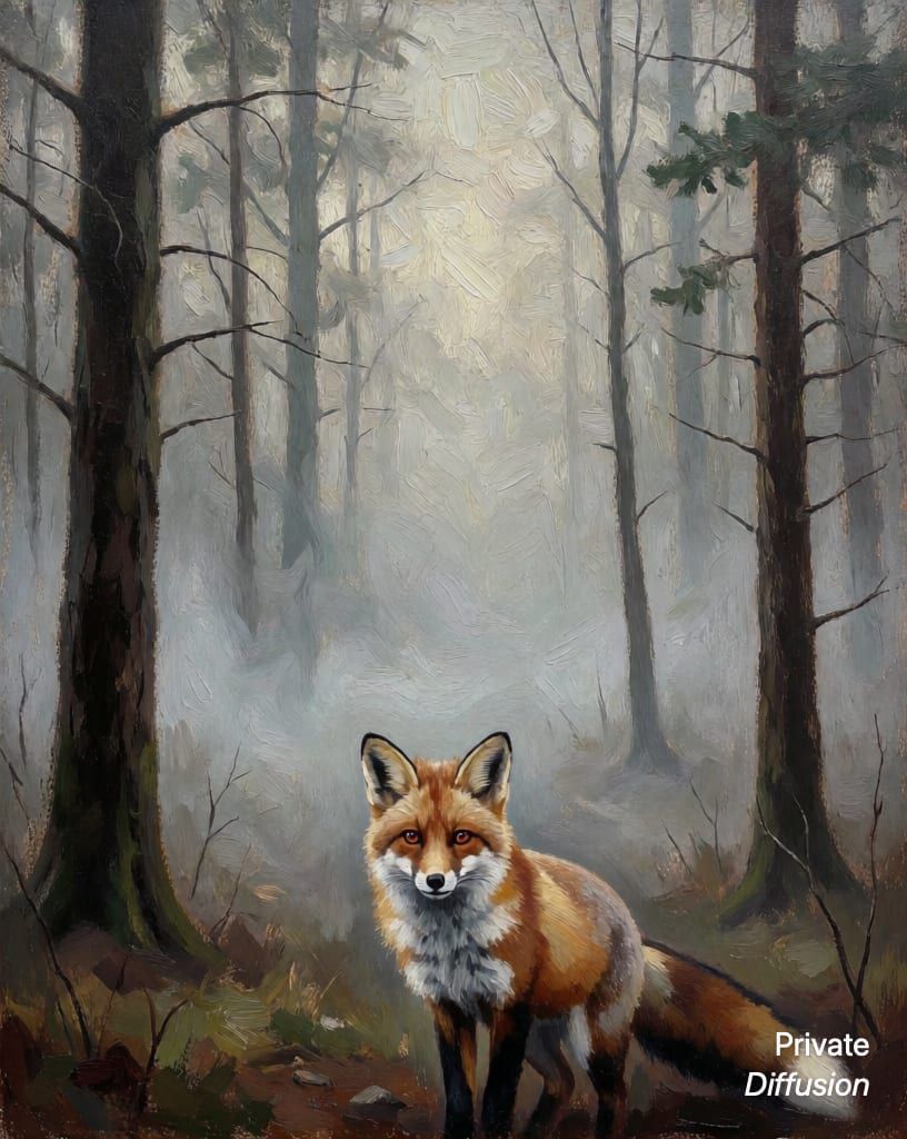 a fox in a misty forest, with oil painting added