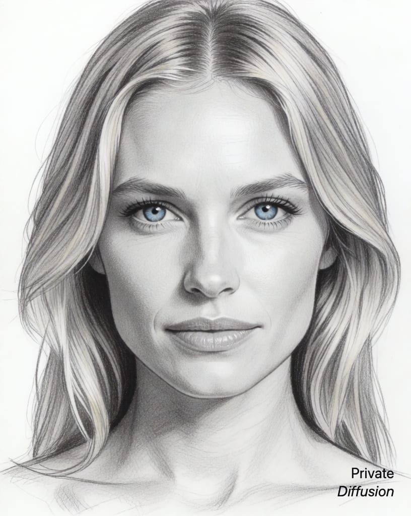 photorealistic portrait of a blonde woman with blue eyes, with pencil sketch added
