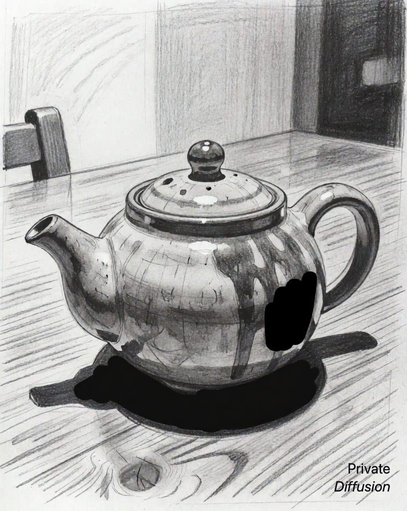 a ceramic teapot on a wooden table, with pencil sketch added