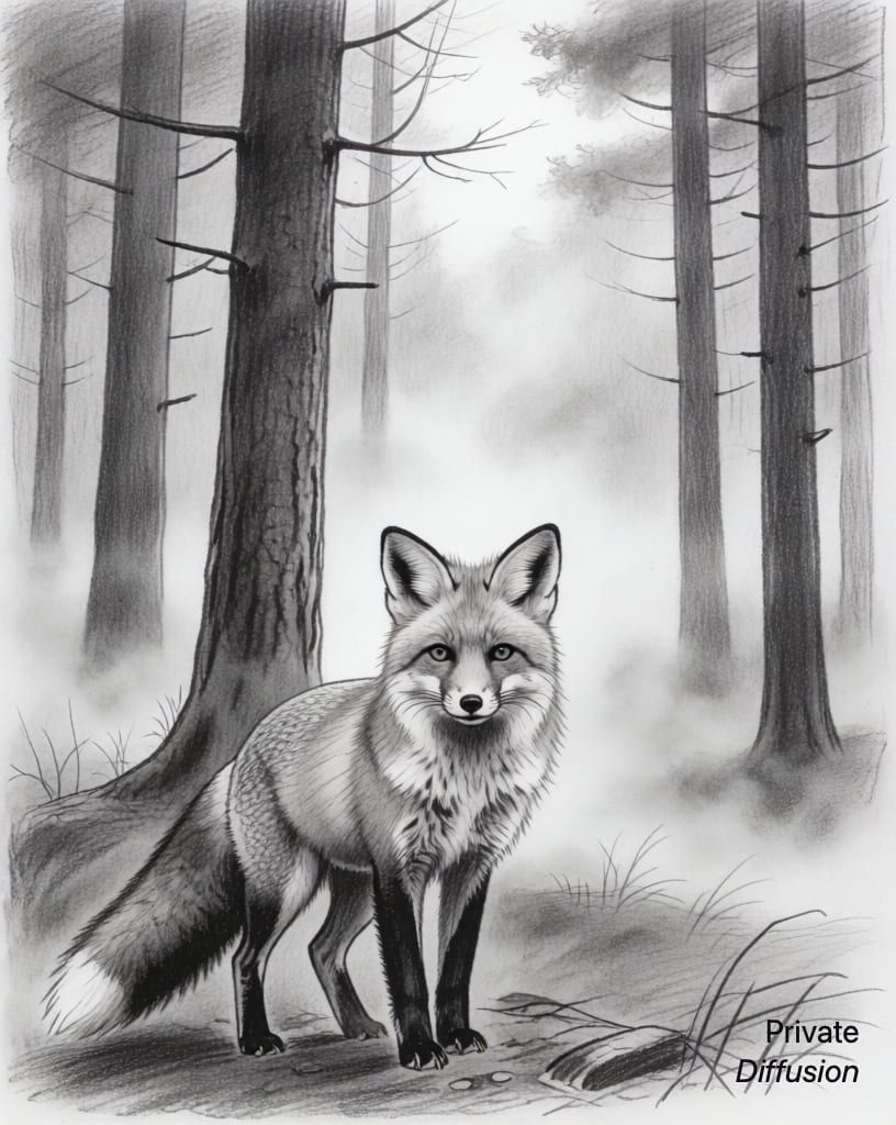 a fox in a misty forest, with pencil sketch added