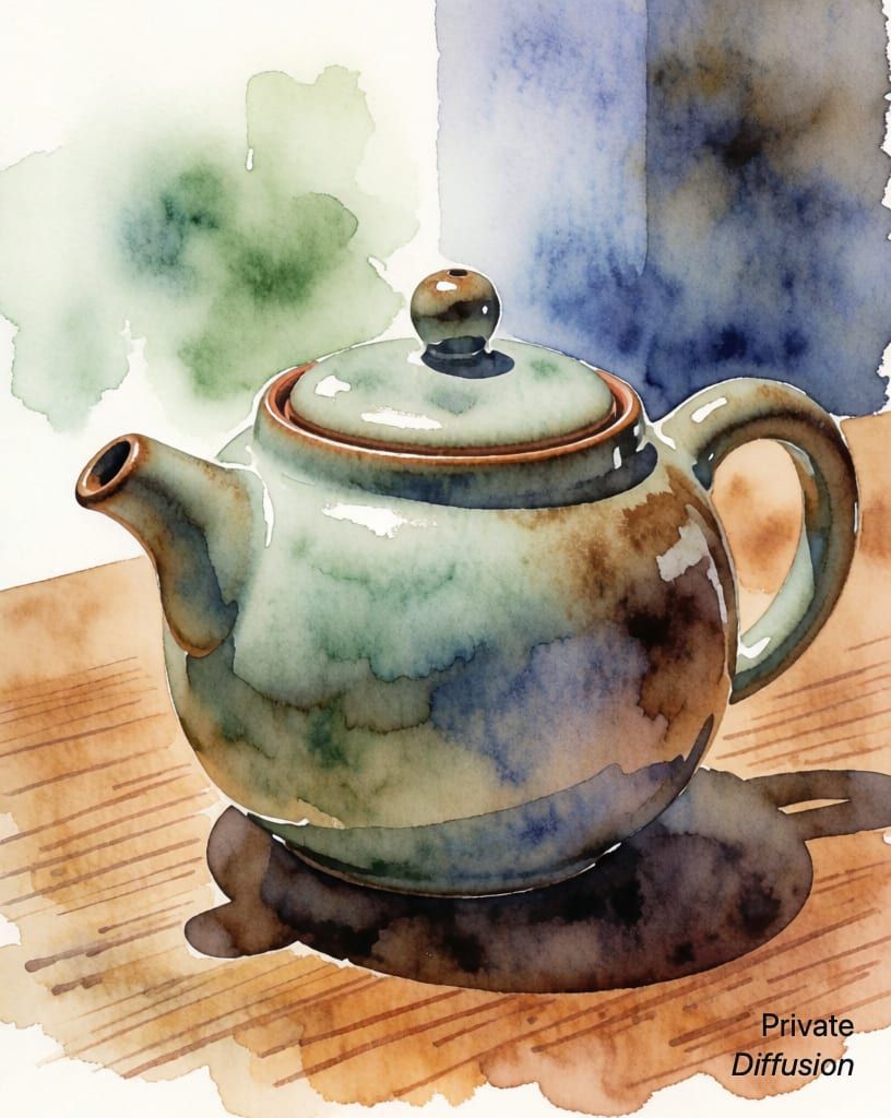 a ceramic teapot on a wooden table, with watercolor added