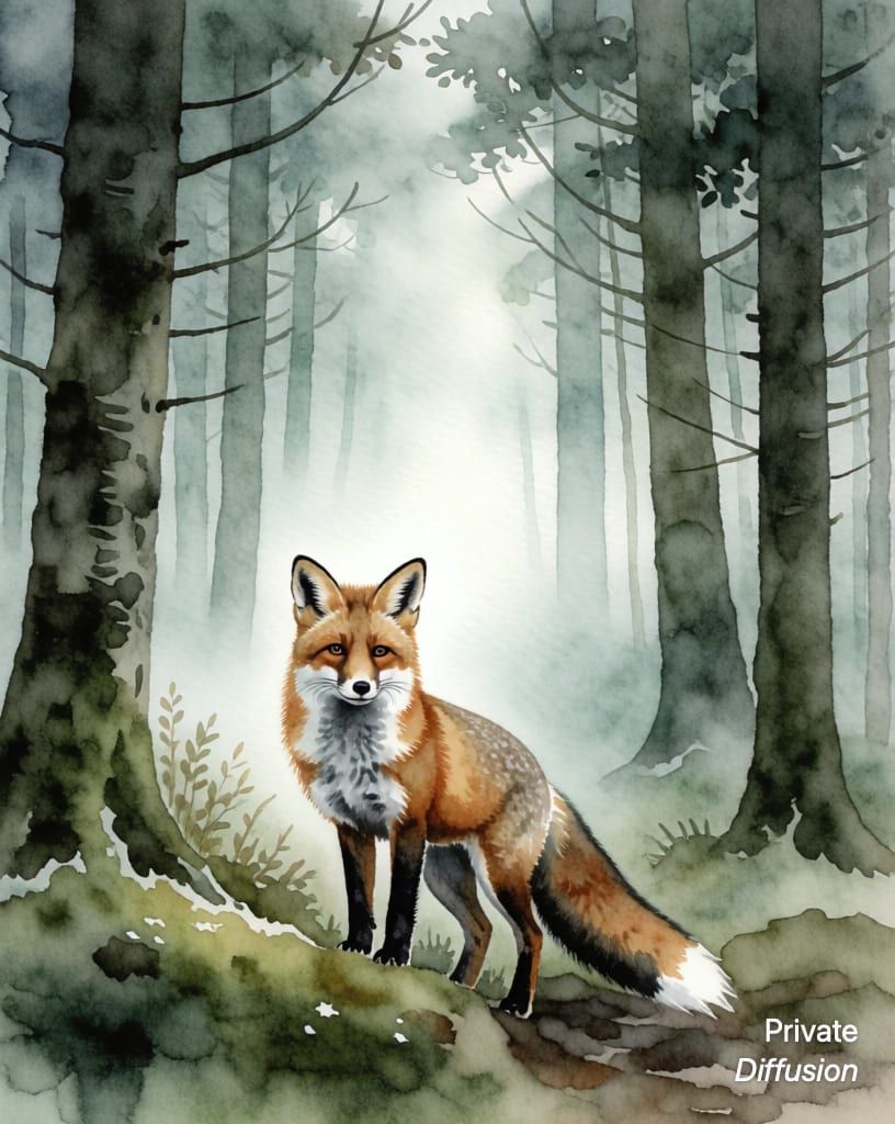 a fox in a misty forest, with watercolor added